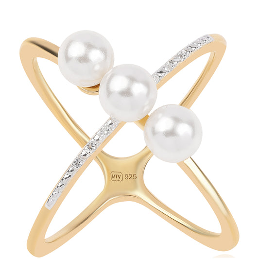 Anel de Prata com Banho de Ouro com Pérola de Água Doce Branca e Topázio Branco  Contraste: Cabeca de Veado (800)