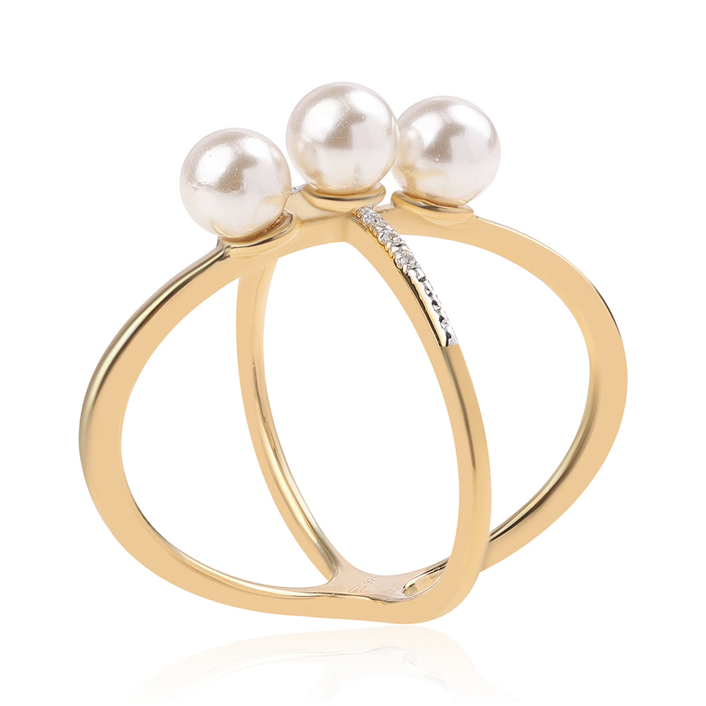 Anel de Prata com Banho de Ouro com Pérola de Água Doce Branca e Topázio Branco  Contraste: Cabeca de Veado (800)