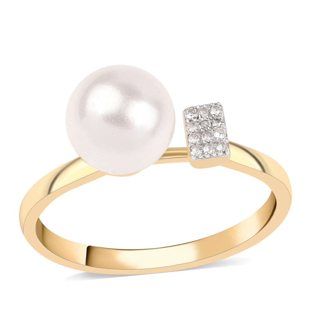 Anel de Prata com Banho de Ouro com Pérola de Água Doce Branca e Topázio Branco 1 