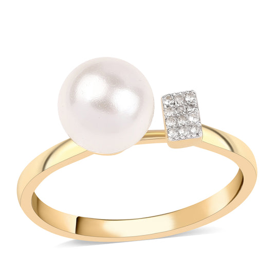 Anel de Prata com Banho de Ouro com Pérola de Água Doce Branca e Topázio Branco