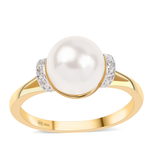 Anel de Prata com Banho de Ouro com Pérola de Água Doce Branca e Topázio Branco