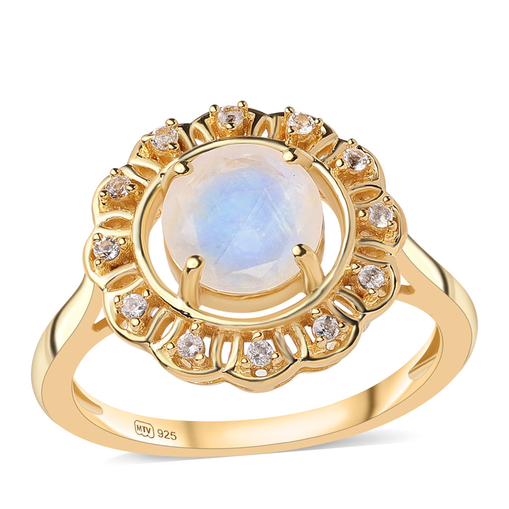 Anel de Prata com Banho de Ouro com Pedra da Lua Arco-íris AA e Topázio Branco  Contraste: Cabeca de Veado (800) 1 