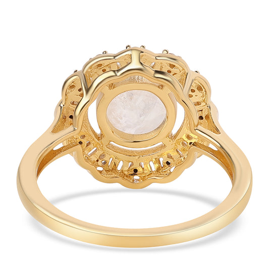 Anel de Prata com Banho de Ouro com Pedra da Lua Arco-íris AA e Topázio Branco  Contraste: Cabeca de Veado (800)