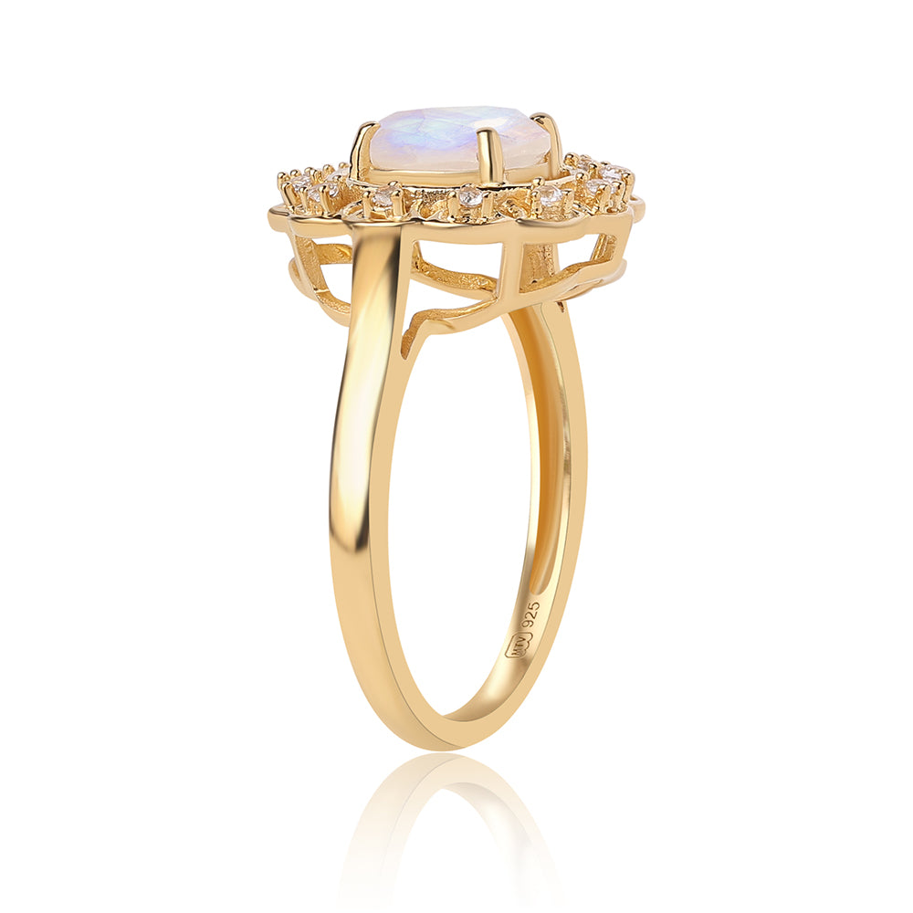 Anel de Prata com Banho de Ouro com Pedra da Lua Arco-íris AA e Topázio Branco  Contraste: Cabeca de Veado (800)