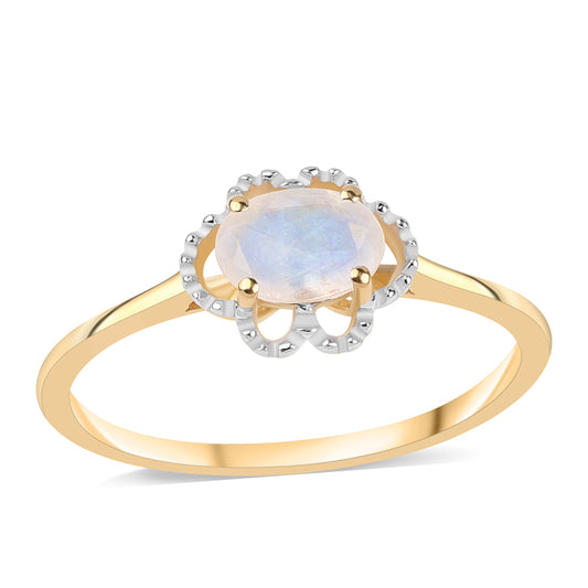 Anel de Prata com Banho de Ouro com Pedra da Lua Arco-íris AA