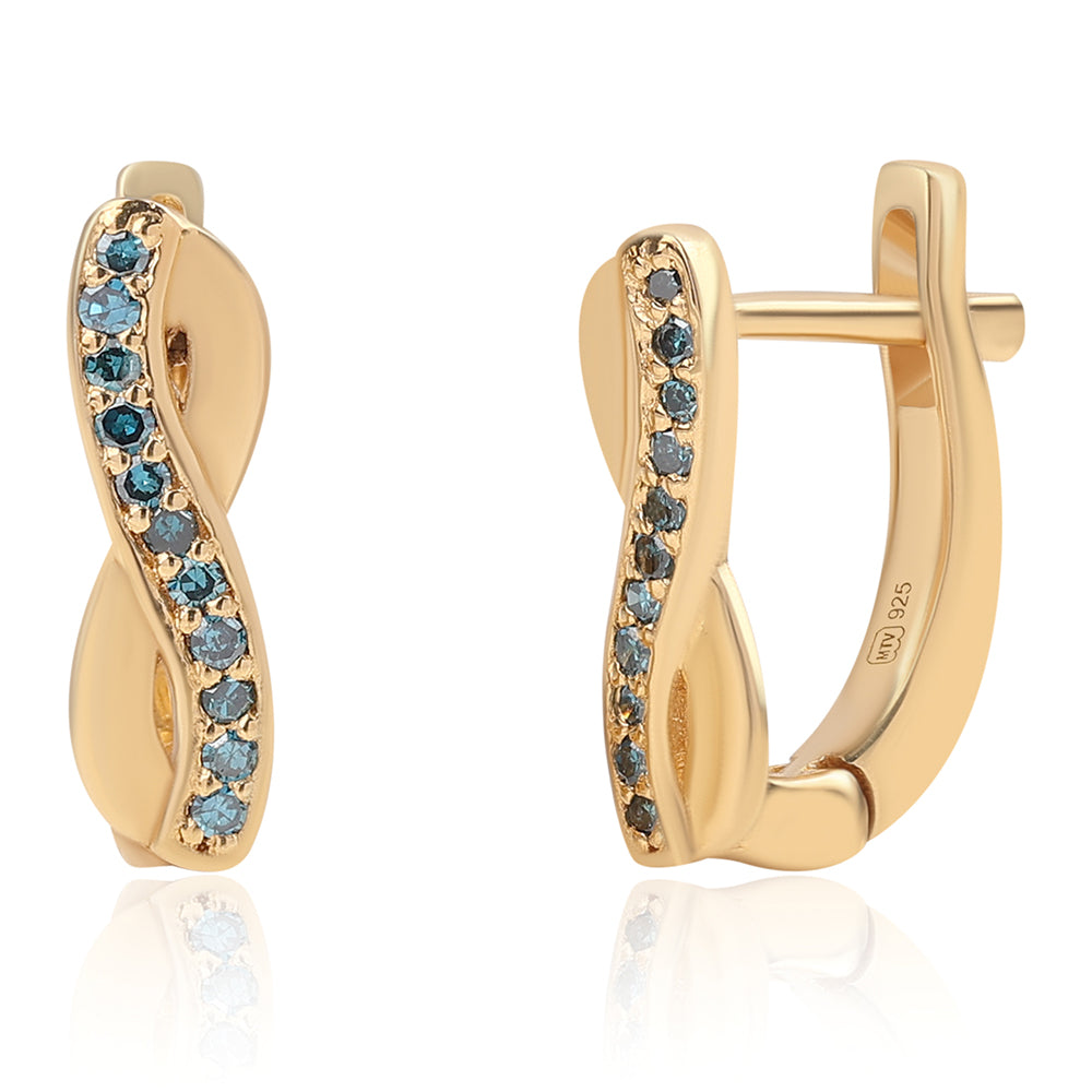 Brincos de Prata com Banho de Ouro com Diamante Azul