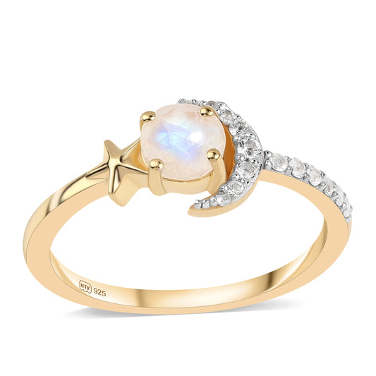 Anel de Prata com Banho de Ouro com Pedra da Lua Arco-íris AA e Topázio Branco