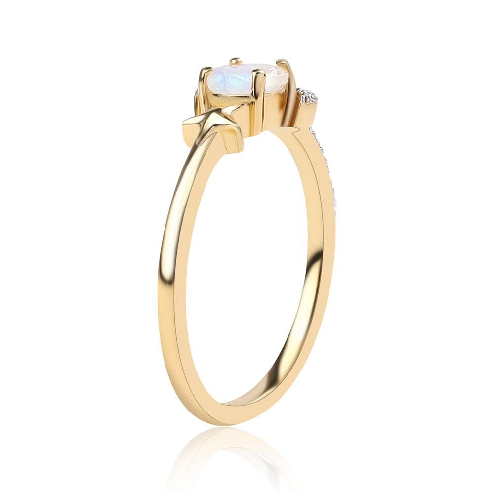 Anel de Prata com Banho de Ouro com Pedra da Lua Arco-íris AA e Topázio Branco 2 