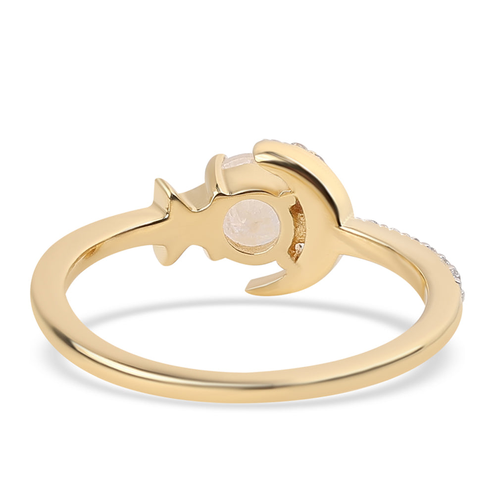 Anel de Prata com Banho de Ouro com Pedra da Lua Arco-íris AA e Topázio Branco