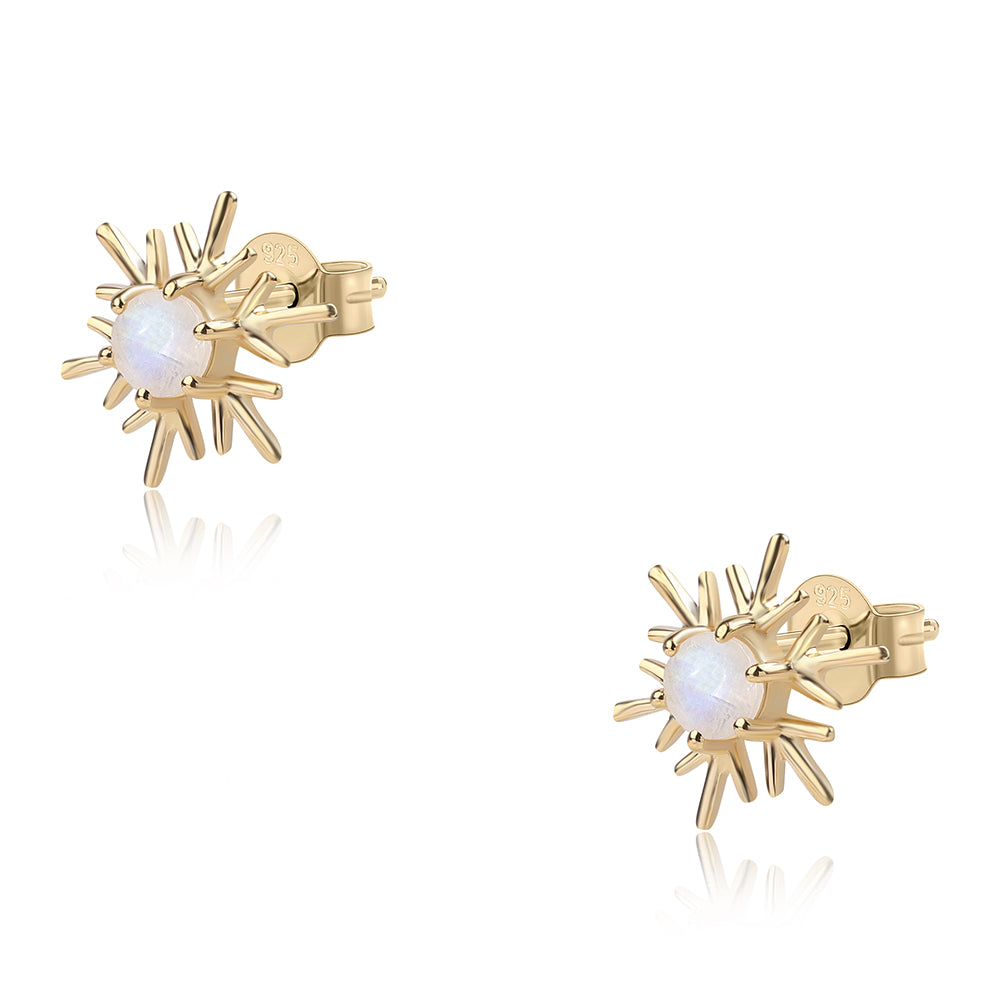 Brincos de Prata com Banho de Ouro com Pedra da Lua Arco-íris AA