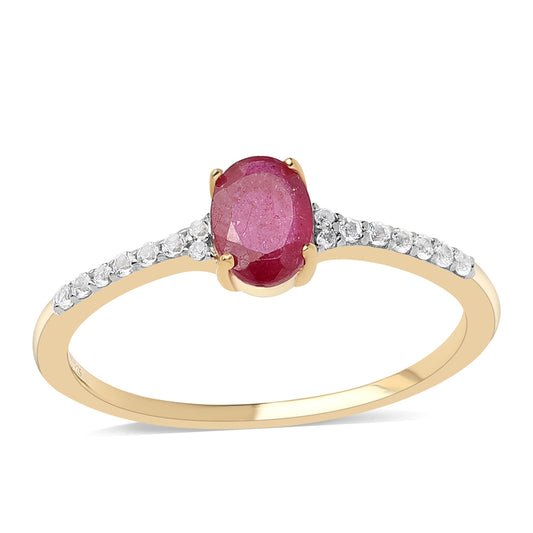 Anel de Prata com Banho de Ouro com Rubi de Moçambique e Topázio Branco