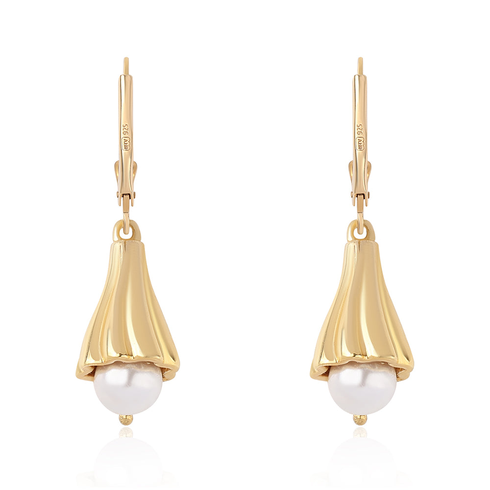 Brincos de Prata com Banho de Ouro com Pérola de Água Doce Branca 2 