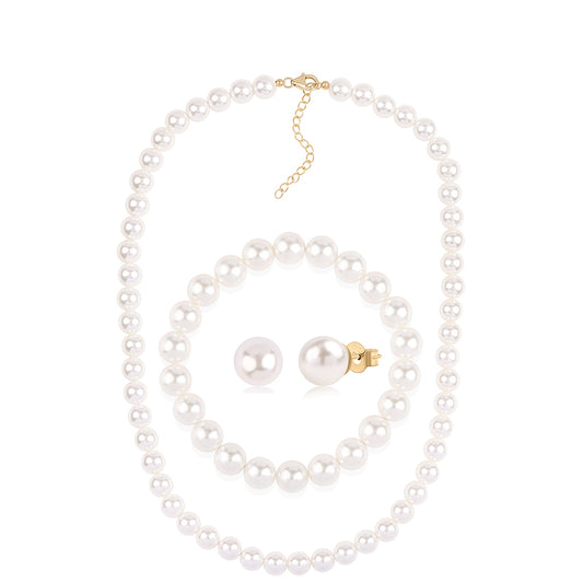 Conjunto de Prata com Banho de Ouro com Pérola de Água Doce Branca ( Colar+Brincos+Pulseira )