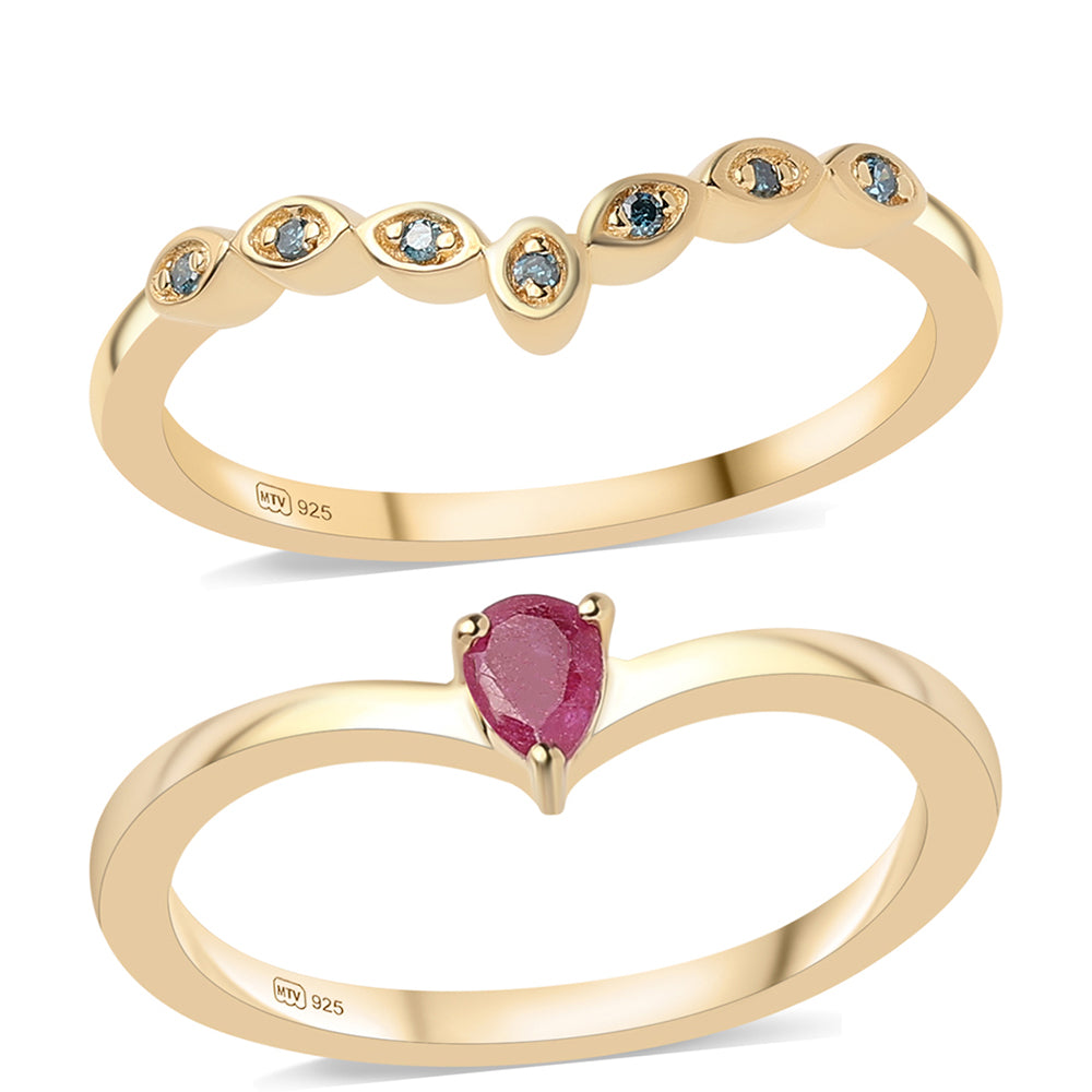 Conjunto de Prata com Banho de Ouro com Rubi de Moçambique e Diamante Azul ( Anel )  Contraste: Cabeca de Veado (800)