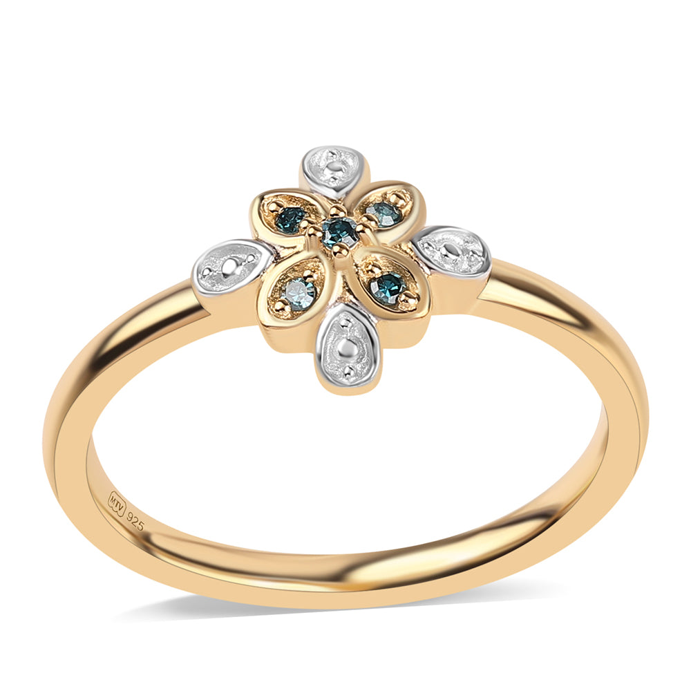 Anel de Prata com Banho de Ouro com Diamante Azul