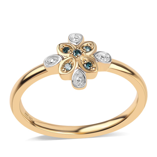 Anel de Prata com Banho de Ouro com Diamante Azul