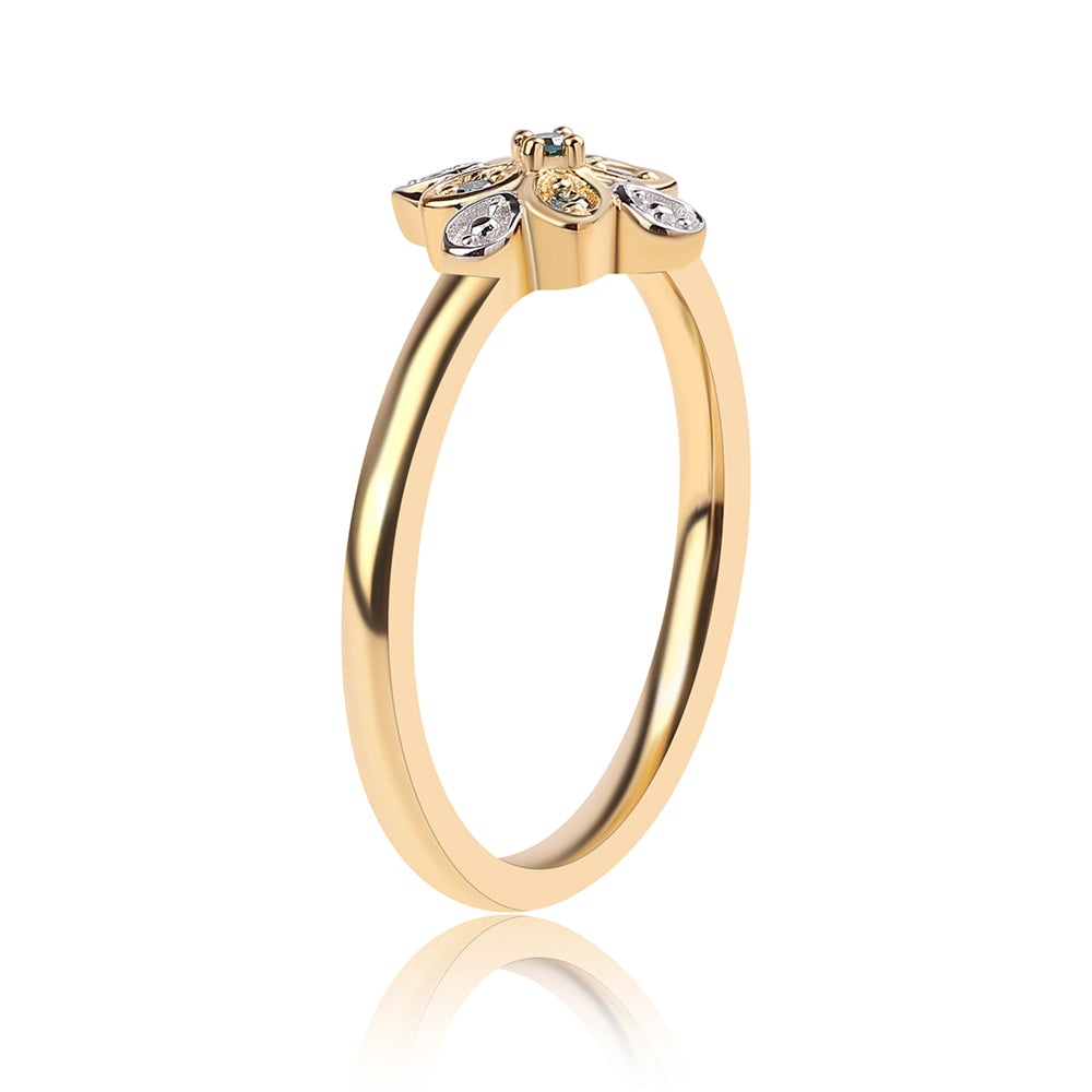 Anel de Prata com Banho de Ouro com Diamante Azul