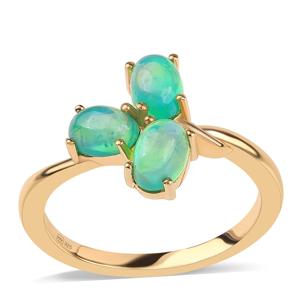 Anel de Prata com Banho de Ouro com Opala Verde do Etíope Lega Dembi 1 