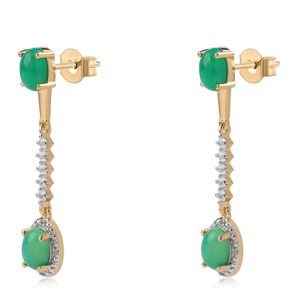 Brincos de Prata com Banho de Ouro com Opala Verde do Etíope Lega Dembi e Topázio Branco