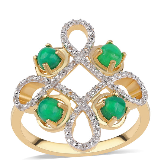 Anel de Prata com Banho de Ouro com Opala Verde do Etíope Lega Dembi e Topázio Branco  Contraste: Cabeca de Veado (800)