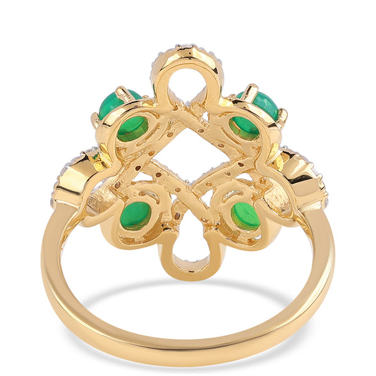 Anel de Prata com Banho de Ouro com Opala Verde do Etíope Lega Dembi e Topázio Branco  Contraste: Cabeca de Veado (800)