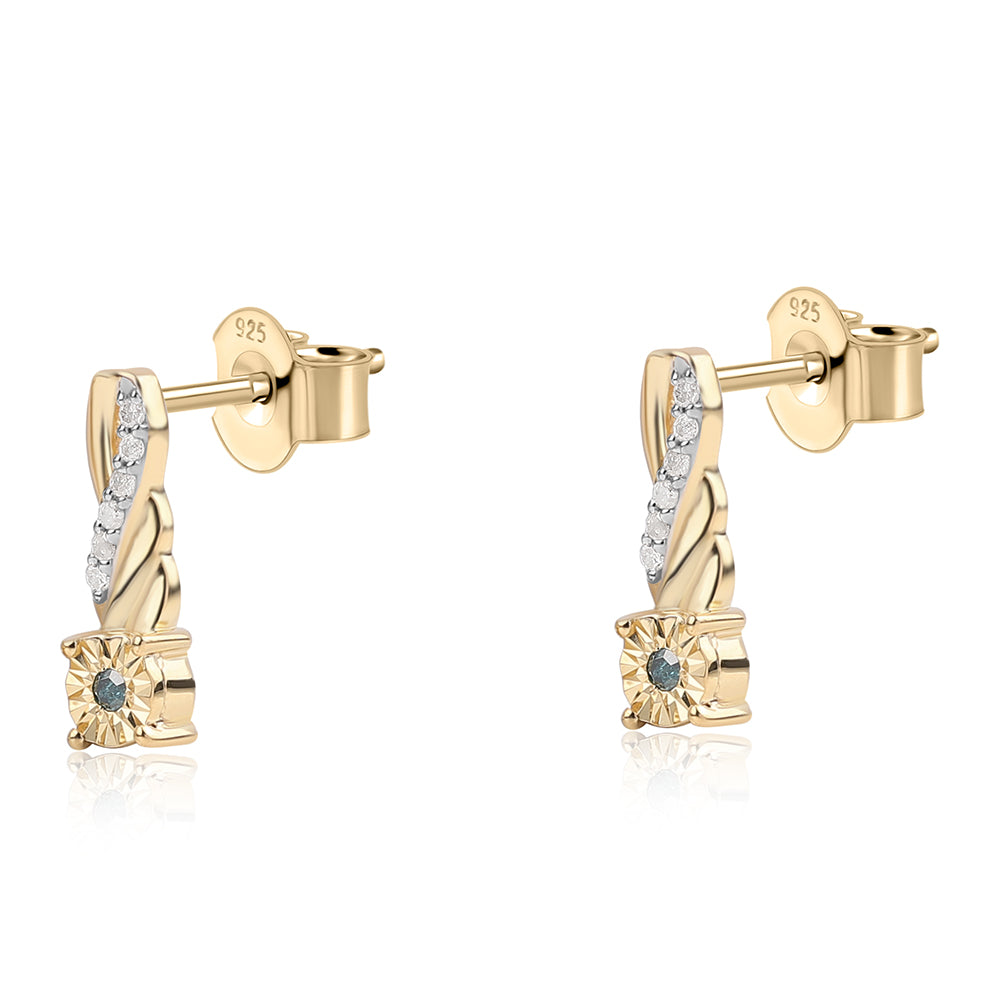 Brincos de Prata com Banho de Ouro com Diamante Azul e Diamante Branco 2 