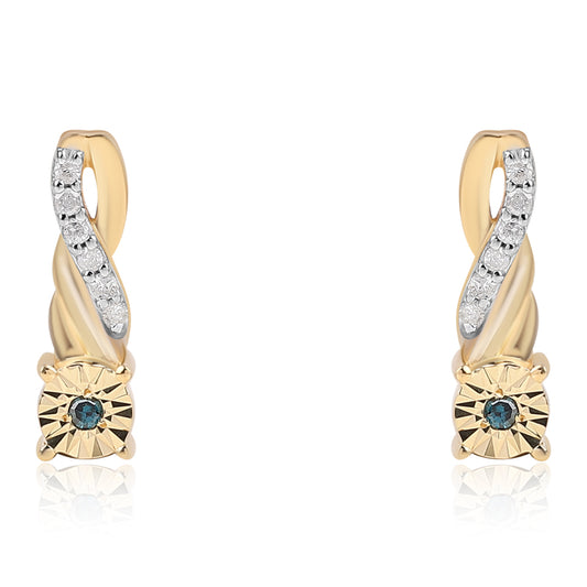 Brincos de Prata com Banho de Ouro com Diamante Azul e Diamante Branco