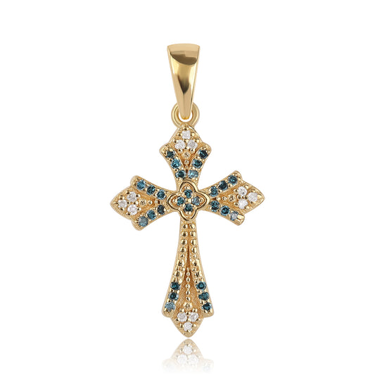 Cruz Pendente de Prata com Banho de Ouro com Diamante Azul e Diamante Branco