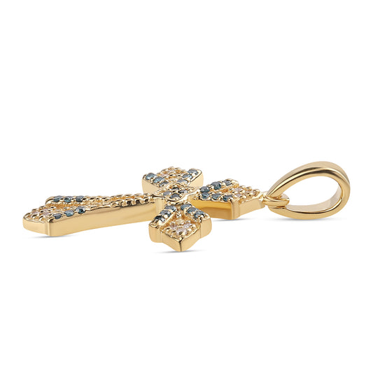 Cruz Pendente de Prata com Banho de Ouro com Diamante Azul e Diamante Branco