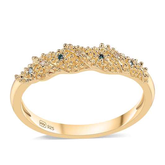 Anel de Prata com Banho de Ouro com Diamante Azul e Diamante Branco