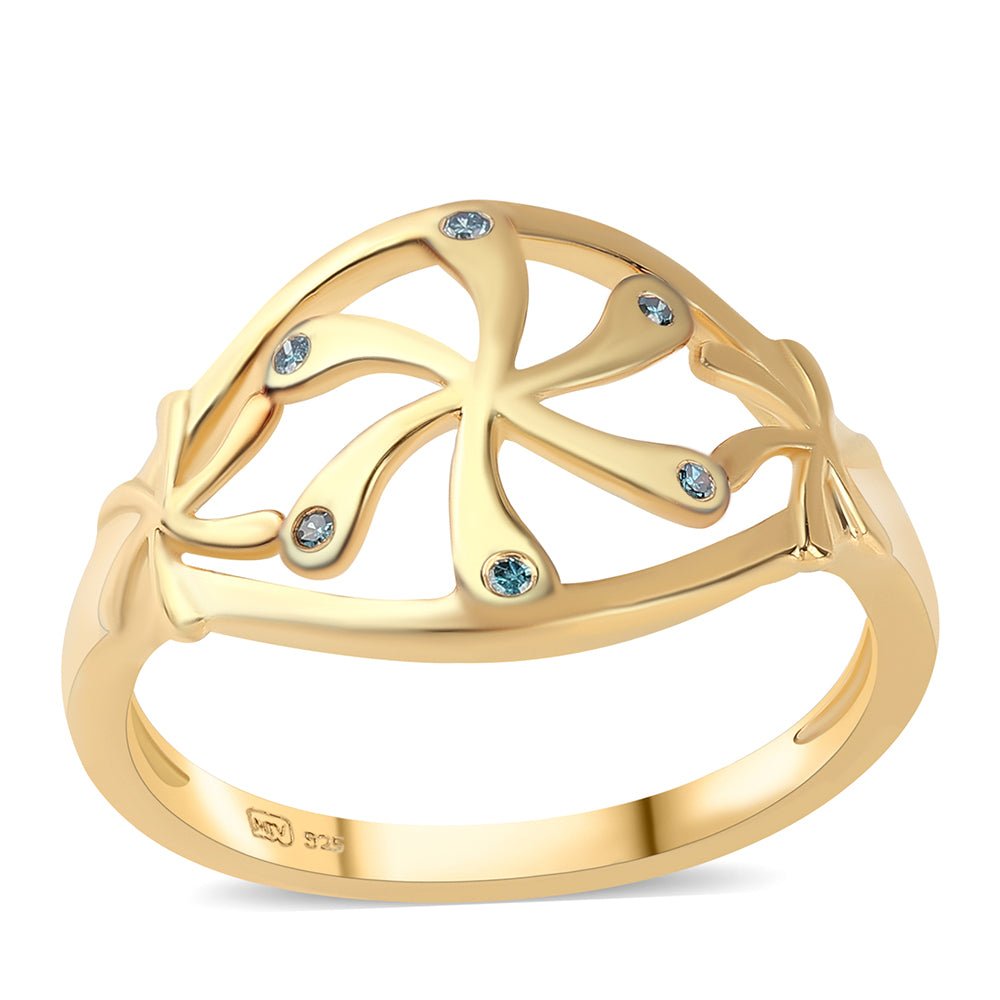 Anel de Prata com Banho de Ouro com Diamante Azul