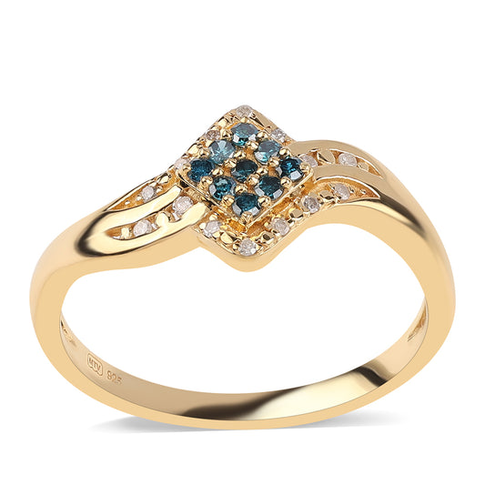 Anel de Prata com Banho de Ouro com Diamante Azul e Diamante Branco