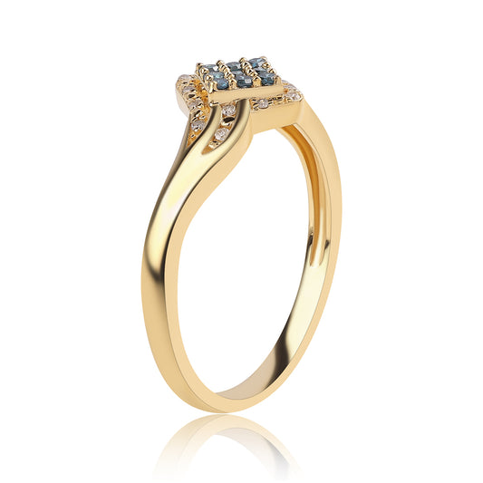 Anel de Prata com Banho de Ouro com Diamante Azul e Diamante Branco