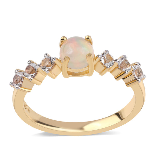 Anel de Prata com Banho de Ouro com Opala da Etiópia de Lega Dembi e Topázio Branco