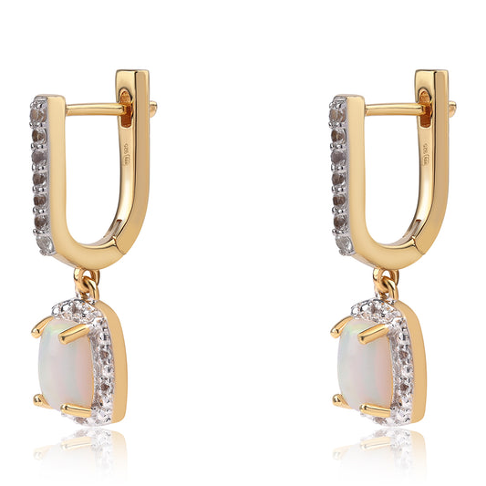 Brincos de Prata com Banho de Ouro com Opala da Etiópia de Lega Dembi e Topázio Branco