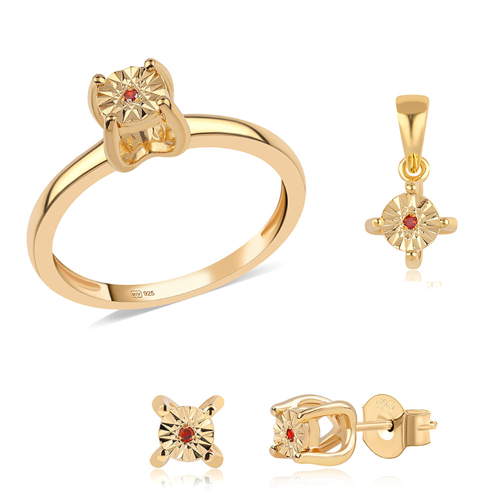 Conjunto de Prata com Banho de Ouro com Diamante Vermelho ( Brincos+Anel+Pendente ) 1 