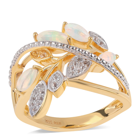 Anel de Prata com Banho de Ouro com Opala da Etiópia de Lega Dembi e Topázio Branco  Contraste: Cabeca de Veado (800)