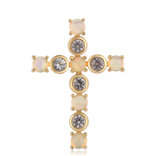 Cruz Pendente de Prata com Banho de Ouro com Opala da Etiópia de Lega Dembi e Topázio Branco