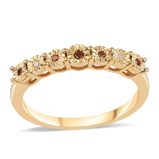 Anel de Prata com Banho de Ouro com Diamante Vermelho e Diamante Branco