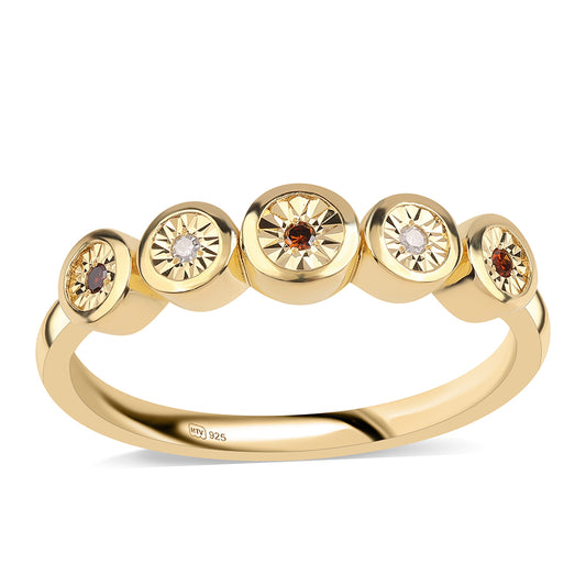 Anel de Prata com Banho de Ouro com Diamante Vermelho e Diamante Branco