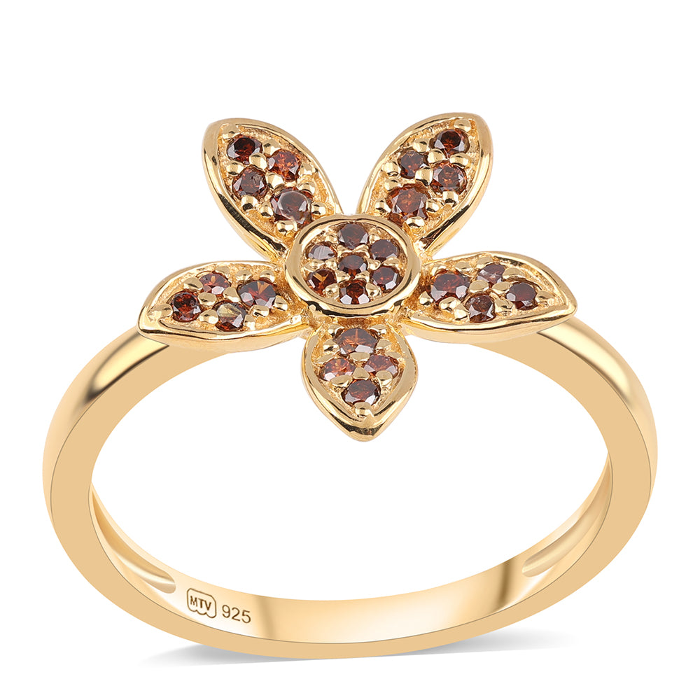 Anel de Prata com Banho de Ouro com Diamante Vermelho