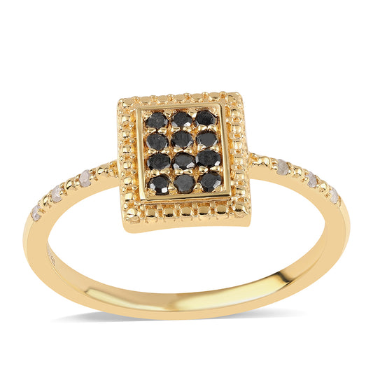 Anel de Prata com Banho de Ouro com Diamante Preto e Diamante Branco