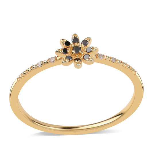 Anel de Prata com Banho de Ouro com Diamante Preto e Diamante Branco