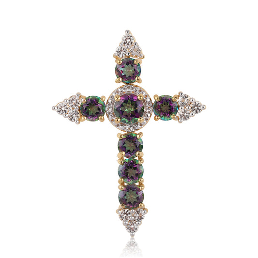 Cruz Pendente de Prata com Banho de Ouro com Topázio Místico e Topázio Branco  Contraste: Cabeca de Veado (800)