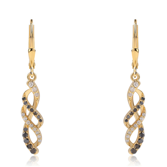 Brincos de Prata com Banho de Ouro com Diamante Preto e Diamante Branco