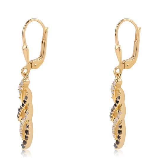 Brincos de Prata com Banho de Ouro com Diamante Preto e Diamante Branco