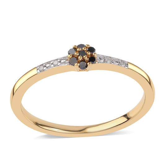 Anel de Prata com Banho de Ouro com Diamante Preto e Diamante Branco