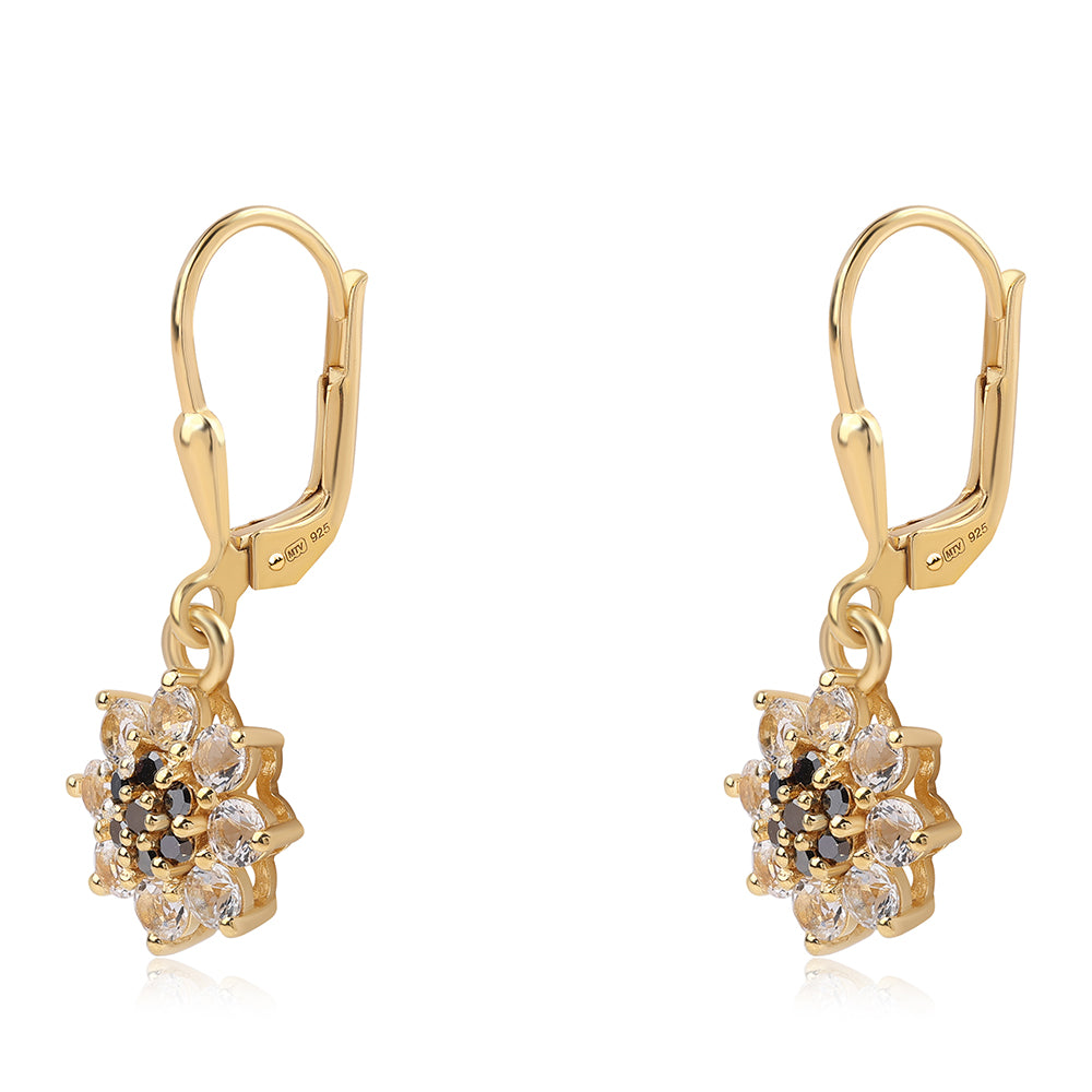 Brincos de Prata com Banho de Ouro com Diamante Preto e Topázio Branco