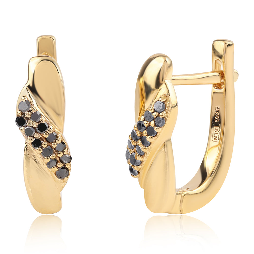 Brincos de Prata com Banho de Ouro com Diamante Preto