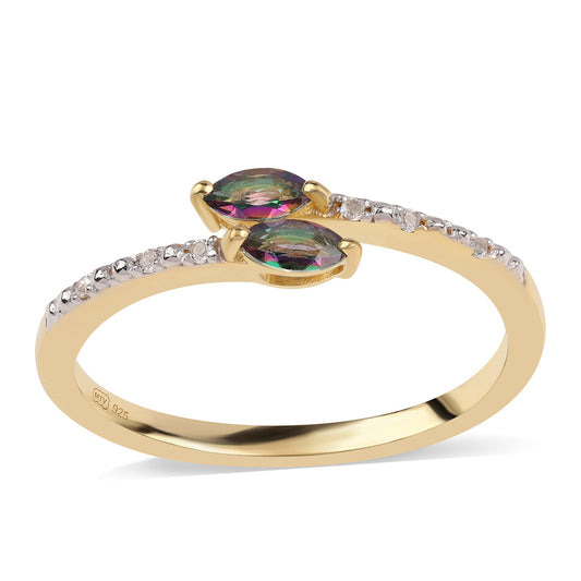 Anel de Prata com Banho de Ouro com Topázio Místico e Topázio Branco